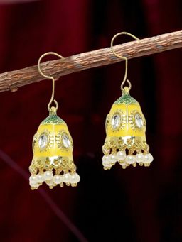 OOMPH - Yellow Meenakari Kundan & Pearls Small Ethnic Jhumka Earrings for Women