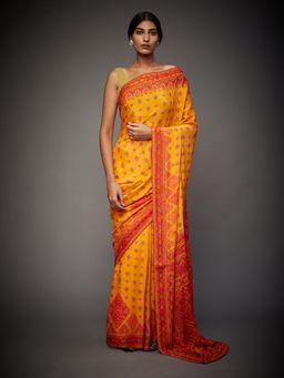 RI.Ritu Kumar - Yellow & Orange Phulkari Saree with Unstitched Blouse