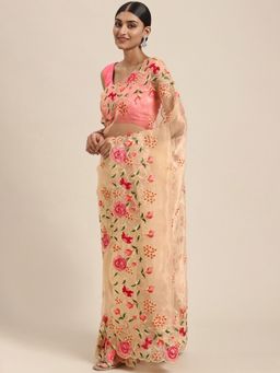 Vastranand - Cream-Coloured Embroidered Floral Organza Saree with Unstitched Blouse