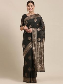Sareemall - Womens Linen Blend Charcoal Grey Woven Design Designer Saree with Unstitched Blouse