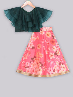 FREE SPARROW - Printed Tomato Red Organza Lehenga with Ruffle Green Top (Set of 2)