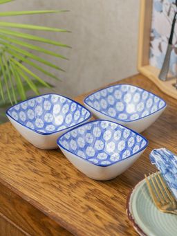 Voncasa - Geometric Pattern Blue Ceramic Dish, Pack of 3