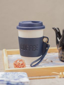 Voncasa - Navy Ceramic Sipper - Leather Grip, 350ml