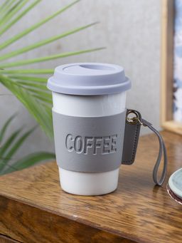 Voncasa - Grey Ceramic Sipper - Leather Grip, 350ml