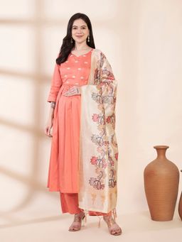Secret Wish - Peach Glace Cotton Maternity Kurta with Trouser & Silk Dupatta