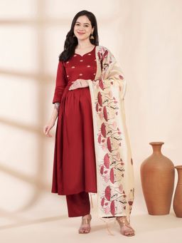 Secret Wish - Maroon Glace Cotton Maternity Kurta with Trouser & Silk Dupatta