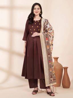 Secret Wish - Brown Glace Cotton Maternity Kurta with Trouser & Silk Dupatta
