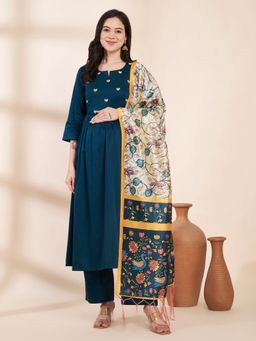 Secret Wish - Teal Glace Cotton Maternity Kurta with Trouser & Silk Dupatta