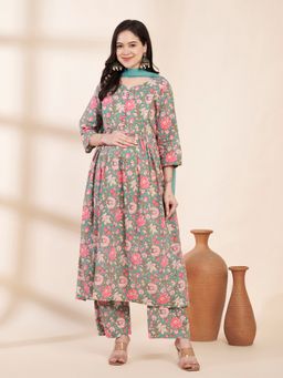 Secret Wish - Green Floral Cotton Maternity Kurta with Trouser & Dupatta