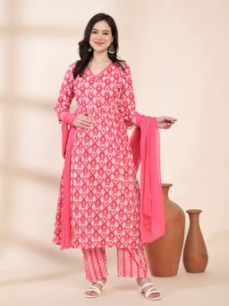 Secret Wish - Pink Printed Cotton Maternity Kurta with Trouser & Dupatta