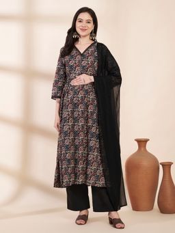 Secret Wish - Black Floral Cotton Maternity Kurta with Trouser & Dupatta