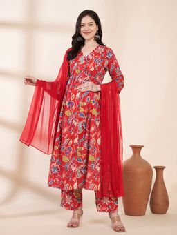Secret Wish - Red Floral Cotton Maternity Kurta with Trouser & Dupatta