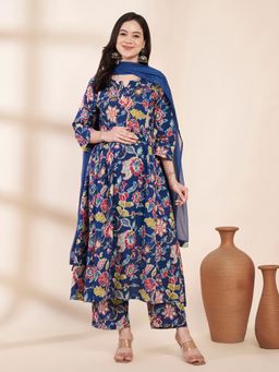 Secret Wish - Navy Blue Floral Cotton Maternity Kurta with Trouser & Dupatta
