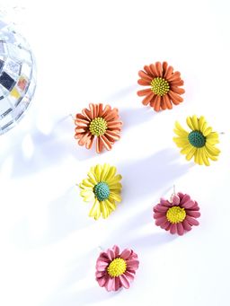 Yellow Chimes - Set of 3 Orange and Pink Floral Studs Earrings