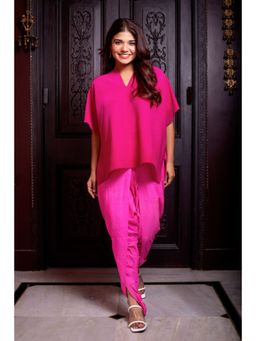 Uptownie - Pleated V-Neck Half Sleeve Top-Pink