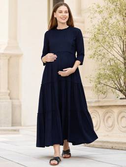 MomToBe - Women Navy Blue Solid Maternity Nursing Dress
