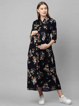 MomToBe - Woman Navy Blue Floral Maternity Maxi Dress