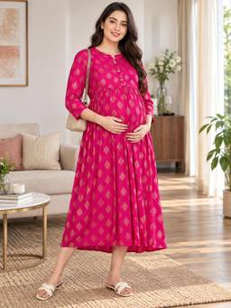 MomToBe - Ethnic Motifs Maternity Midi Nursing Dress