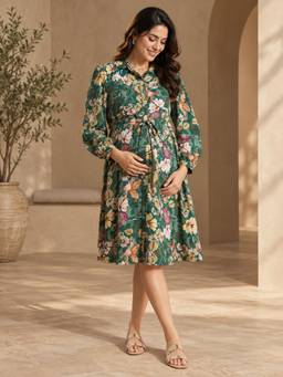 MomToBe - Tropical Floral Print Puff Sleeve Maternity Dress