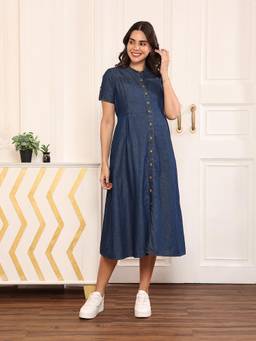 MomToBe - Women Cotton Dark Blue Maternity Denim A-Line Dress