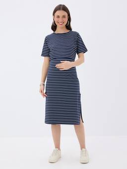 MomToBe - Striped Navy Maternity A-Line Midi Dress