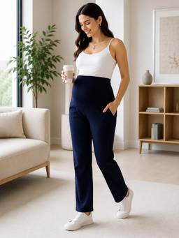 MomToBe - Women Relaxed High Rise Navy Blue Maternity Trousers