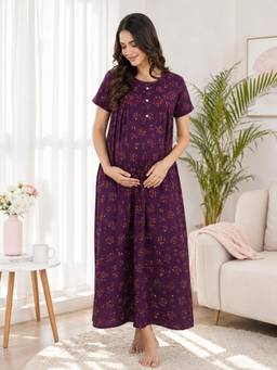 MomToBe - Women Maroon Flower Printed Maternity Maxi Nightdress