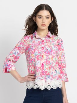 SHAYE - Peter Pan Collar Pink Floral Print Three-Quarter Sleeves Casual Shirt For Women