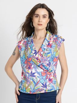 SHAYE - Shawl Collar White Floral Print Casual Top For Women