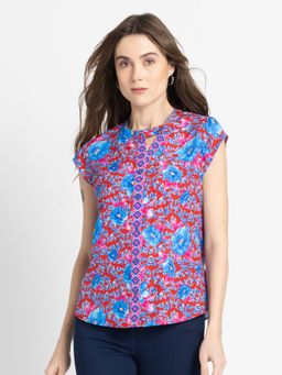 SHAYE - Round Neck Red Floral Print Short Sleeves Casual Shirt For Women