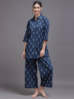 Libas - Women Navy Blue Printed Shirt with Pyjama (Set of 2)