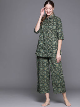 Libas - Women Green Printed Shirt with Pyjama (Set of 2)