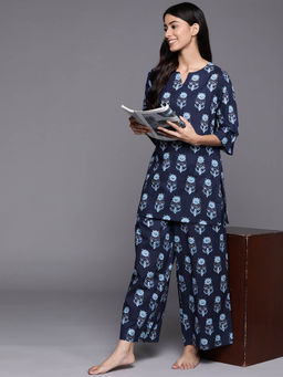 Libas - Women Navy Blue Printed Kurti with Pyjama (Set of 2)
