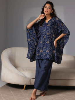 Libas - Women Navy Blue Floral Kaftan with Pyjama (Set of 2)
