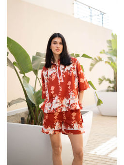 SAY - Women Rust Floral Shirt with Shorts (Set of 2)