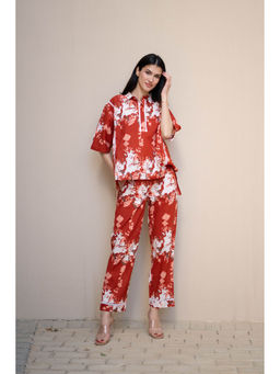 SAY - Women Red Floral Shirt with Pyjama (Set of 2)