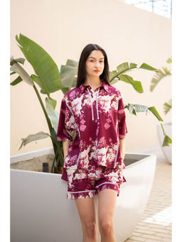 SAY - Women Wine Floral Shirt with Shorts (Set of 2)
