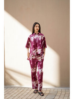 SAY - Women Wine Floral Shirt with Pyjama (Set of 2)