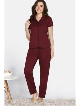 Zivame - Women Red Solid Shirt with Pyjama (Set of 2)