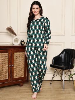 Kanvin - Women Green Geometric Full Sleeves Night Suit
