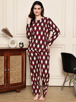 Kanvin - Women Maroon Geometric Full Sleeves Night Suit