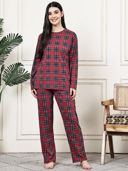 Kanvin - Women Red Checks Full Sleeves Night Suit