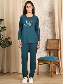 Kanvin - Women Teal Printed Full Sleeves Night Suit