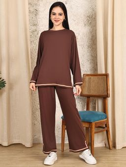 Kanvin - Women Brown Solid Full Sleeves Night Suit