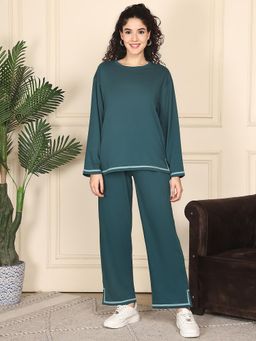 Kanvin - Women Teal Solid Full Sleeves Night Suit