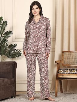 Kanvin - Women Pink Abstract Printed Full Sleeves Night Suit