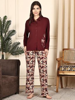 Kanvin - Women Red Floral Printed Full Sleeves Night Suit