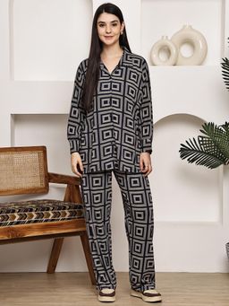 Kanvin - Women Navy Blue Geometric Full Sleeves Night Suit