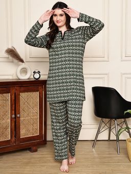Kanvin - Women Green Geometric Full Sleeves Night Suit