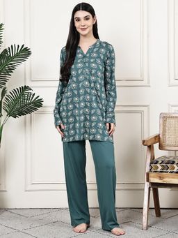 Kanvin - Women Teal Floral Printed Full Sleeves Night Suit